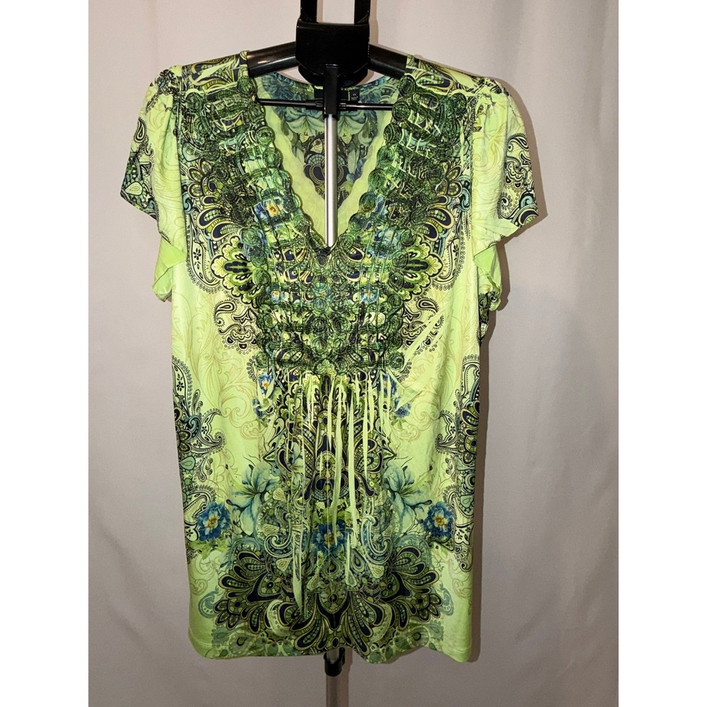 Apt. 9 Blouse Lime Green Y2K Paisley Sequin Embellished V-Neck Women 1X
